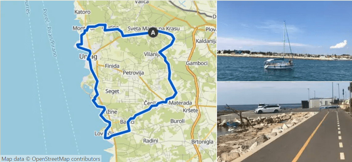 Cycling route map and coastal scenery around Umag