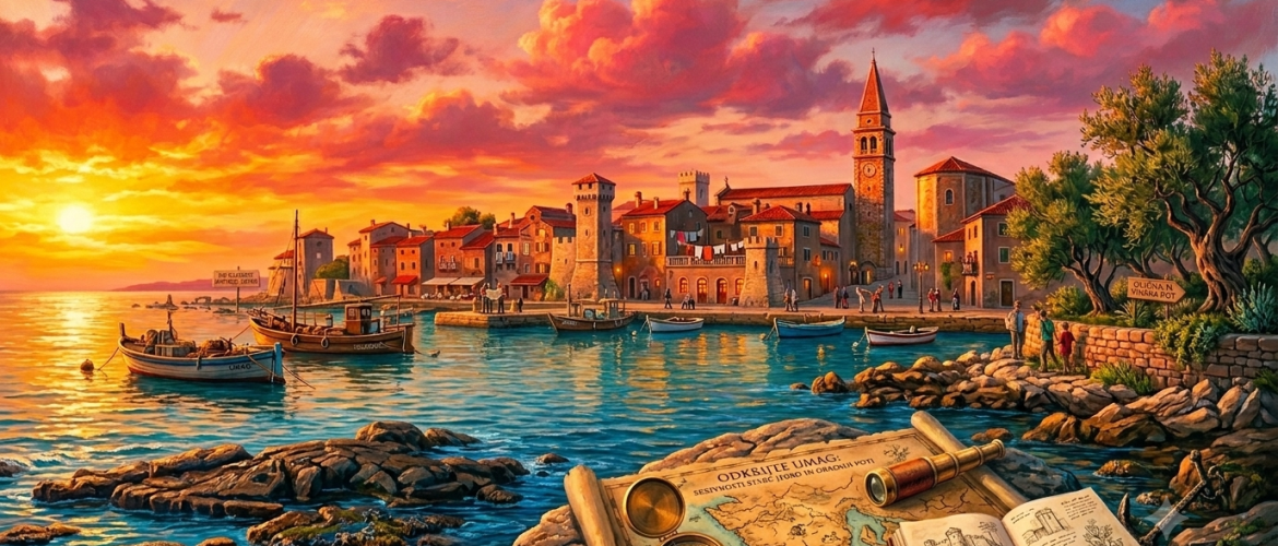 Artistic sunset view of Umag and the Adriatic harbour